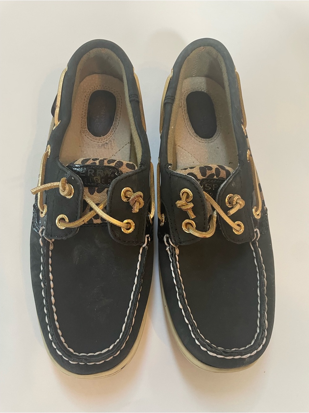 Sperry Black Leather Boat Shoes with Animal Print and Gold Accents
